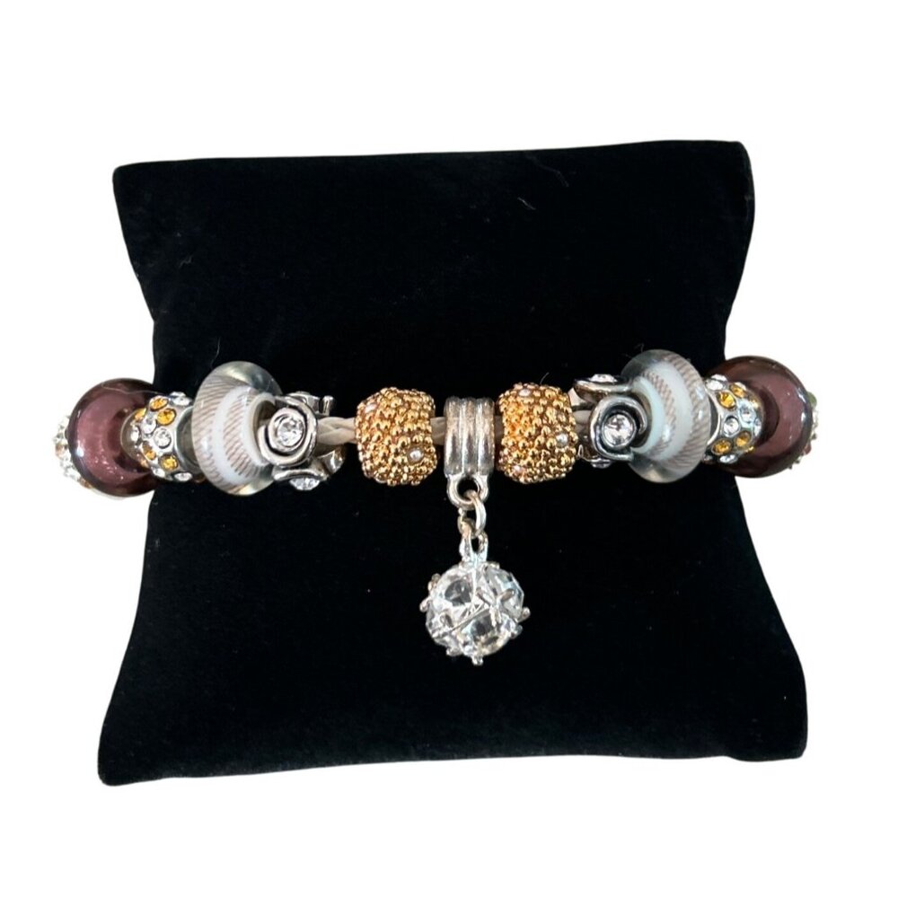 Pandora White Leather Charm Bracelet  Multicolor Beads Silver Dangling Accent